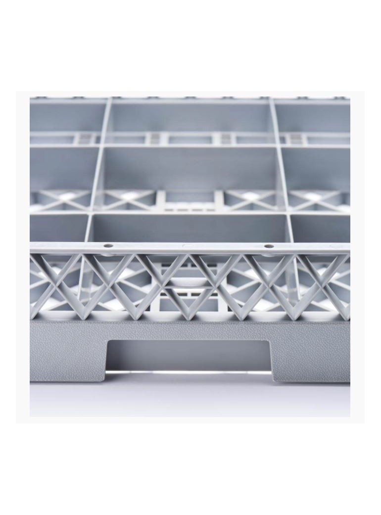 Cassette for dishwasher. 50 x 50 x 10.4 cm, 16 parts. Polypropylene, gray.