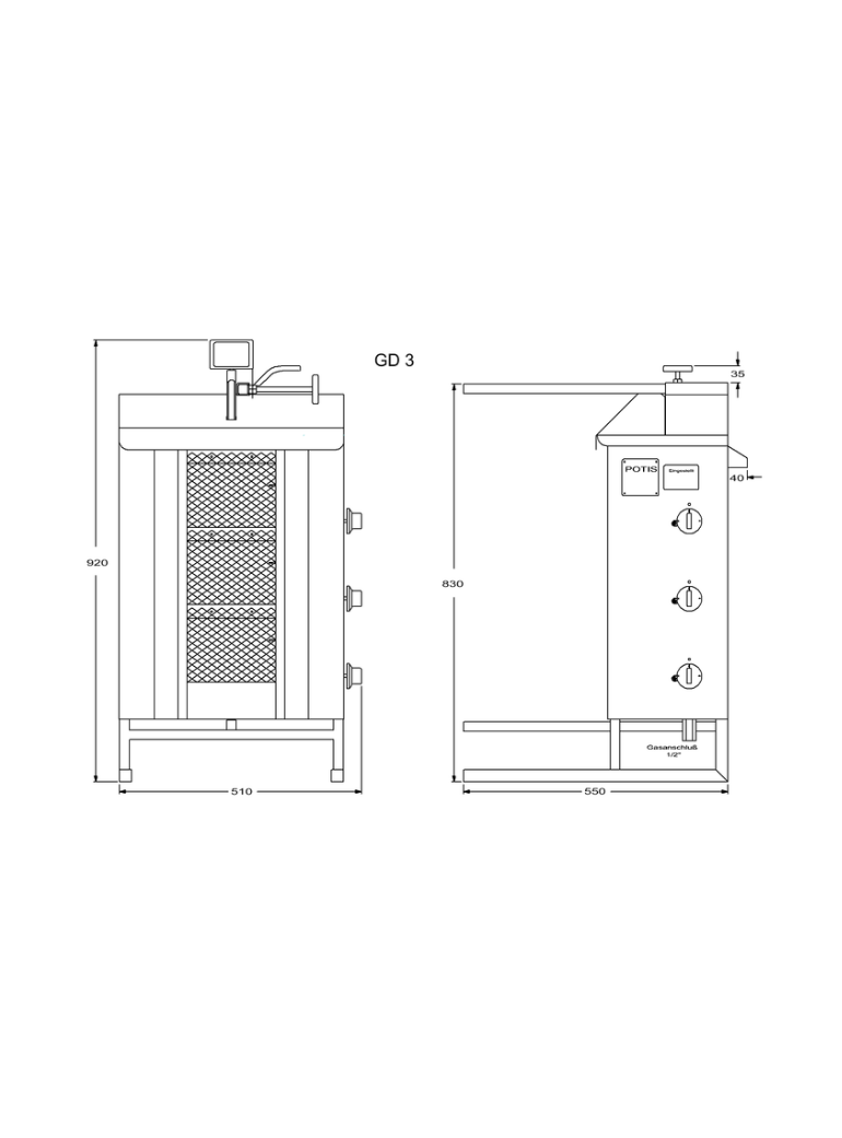 Potis dujinis kebabų grilis, trijų degiklių