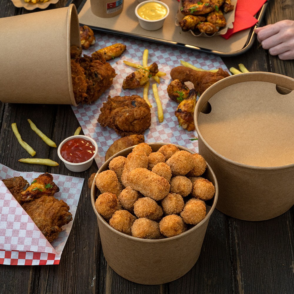 Vienkartinis kibirėlis vištienai popierinis su dangteliu (rudas, 1920 ml., 50 vnt.)