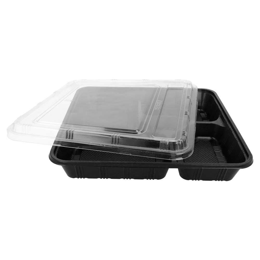 Vienkartinis indelis su dangteliu PP/OPS, 5 dalių (juodas 27,8 x 27,6 x h5 cm., 50 vnt.)