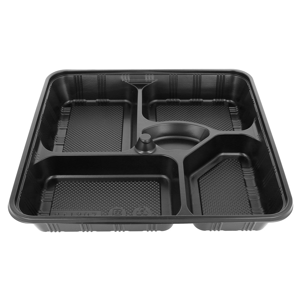 Vienkartinis indelis su dangteliu PP/OPS, 5 dalių (juodas 27,8 x 27,6 x h5 cm., 50 vnt.)