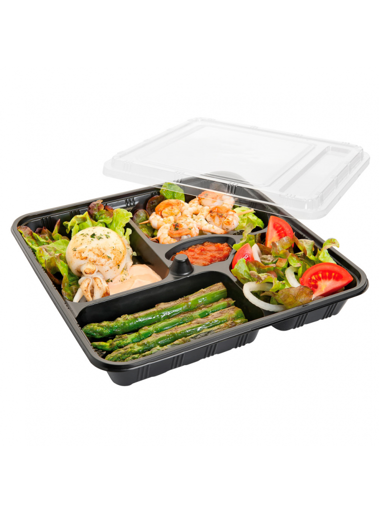 Vienkartinis indelis su dangteliu PP/OPS, 5 dalių (juodas 27,8 x 27,6 x h5 cm., 50 vnt.)