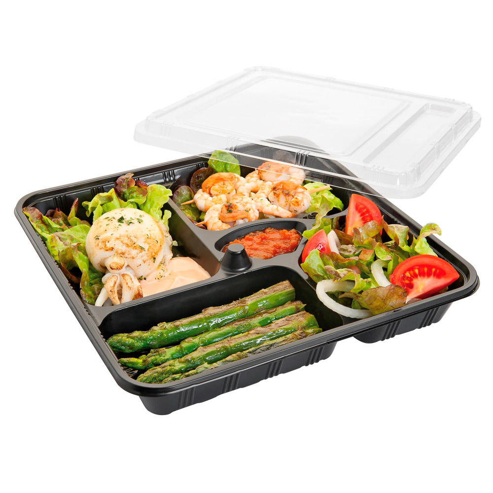 Vienkartinis indelis su dangteliu PP/OPS, 5 dalių (juodas 27,8 x 27,6 x h5 cm., 50 vnt.)