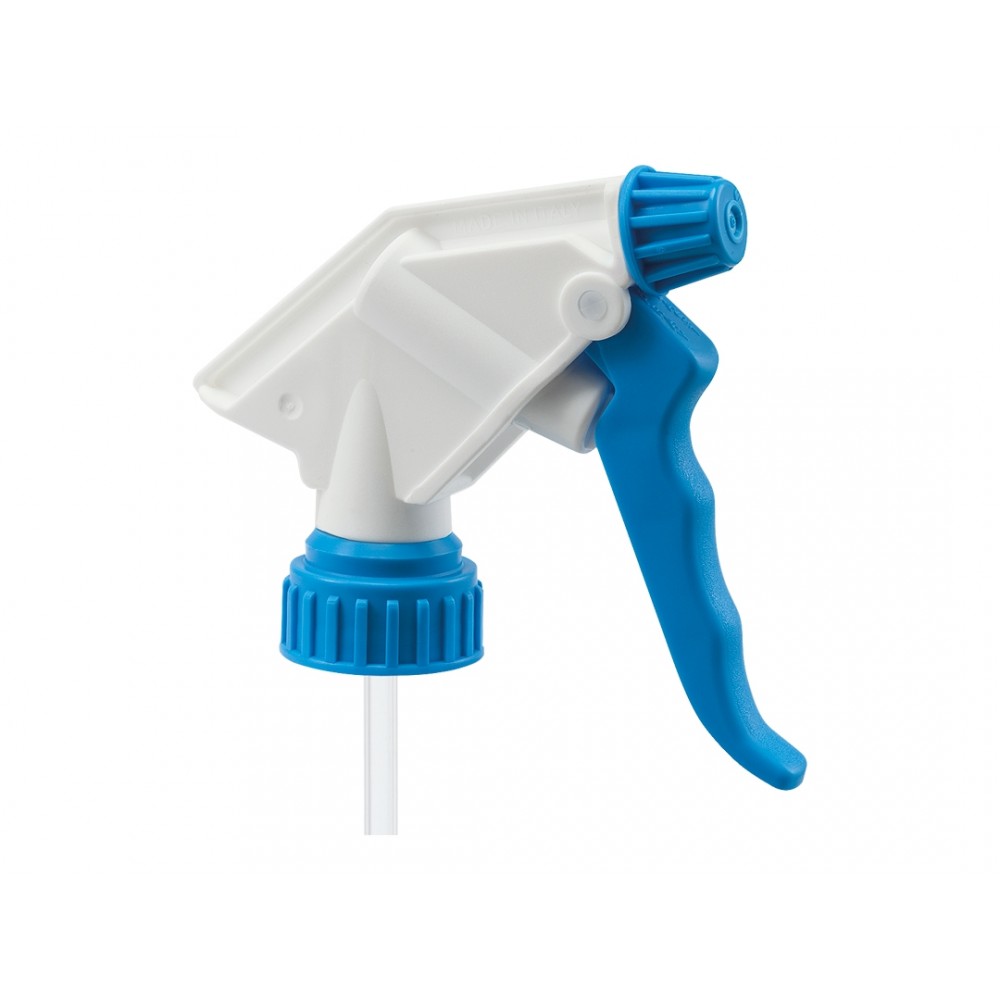 The sprayer for the bottle is blue The sprayer for the bottle is blue