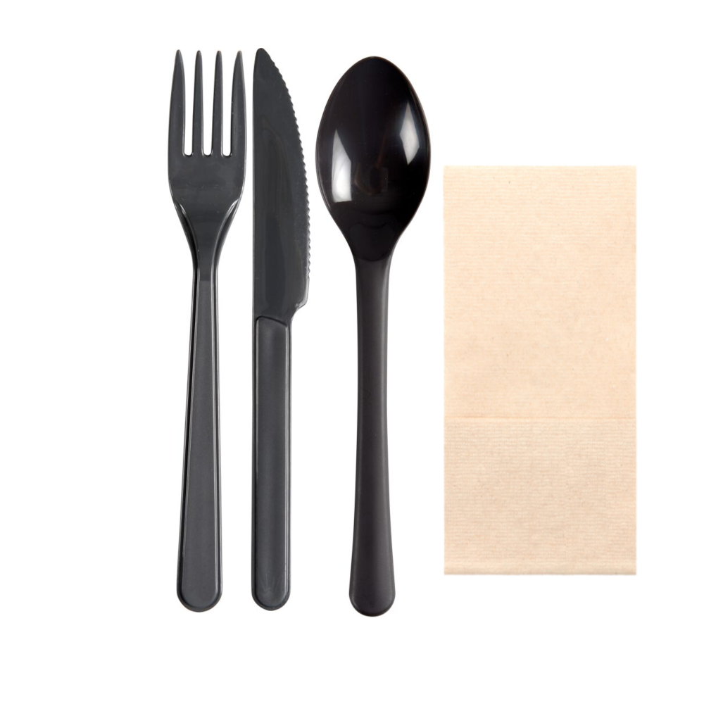 Vienkartinių įrankių komplektas plastikinis, juodas (šakutė / peilis / šaukštas / servetėlė, 50 vnt.) Vienkartinių įrankių komplektas plastikinis, juodas (šakutė / peilis / šaukštas / servetėlė, 50 vnt.)