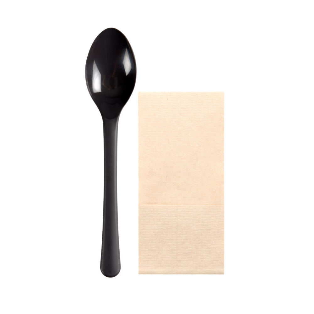 Set of disposable tools, plastic, black (spoon/napkin, 50 pcs.) Set of disposable tools, plastic, black (spoon/napkin, 50 pcs.)