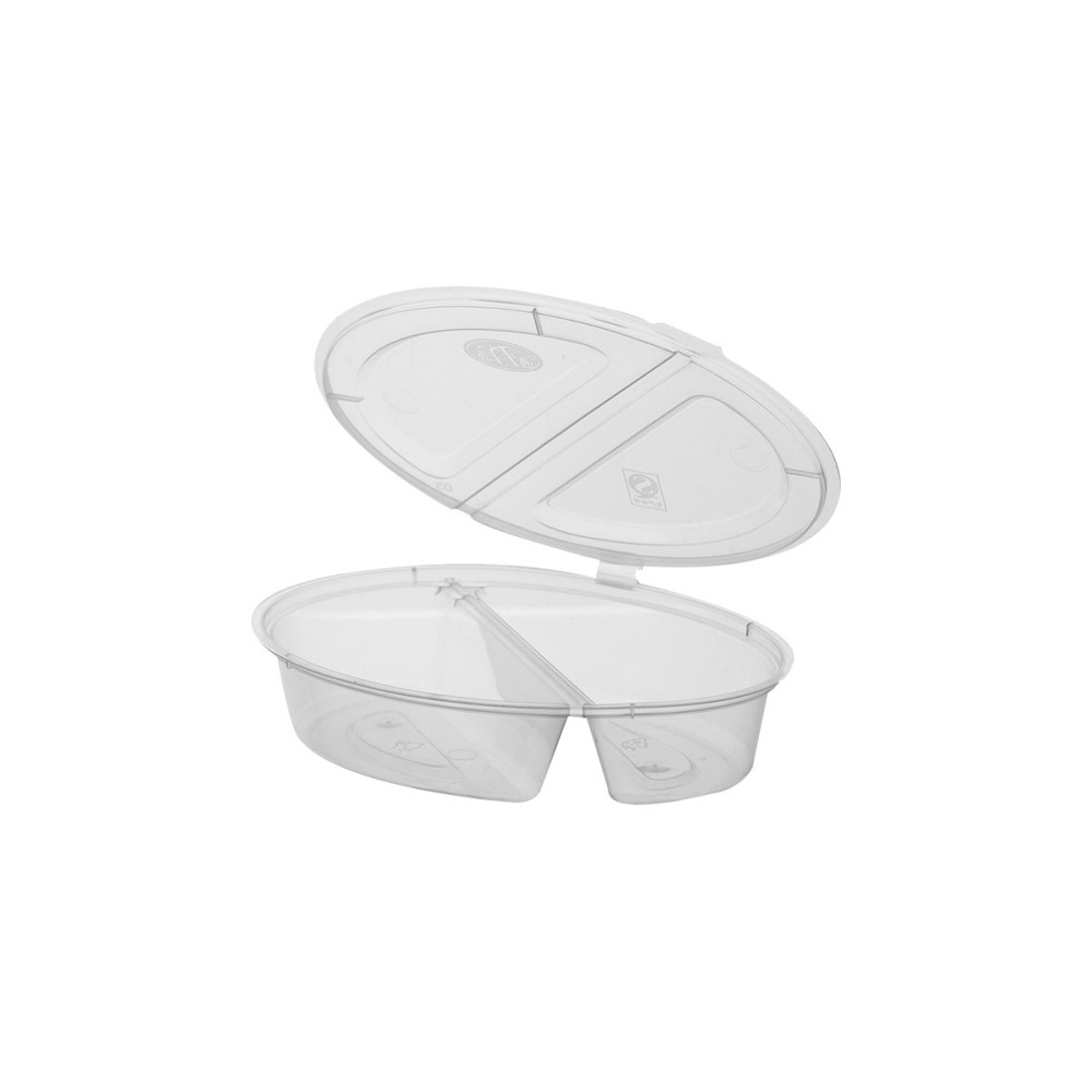 Vienkartinis indelis padažui su prijungtu dangteliu PP 90 ml., 2 skyrių, 50 vnt.