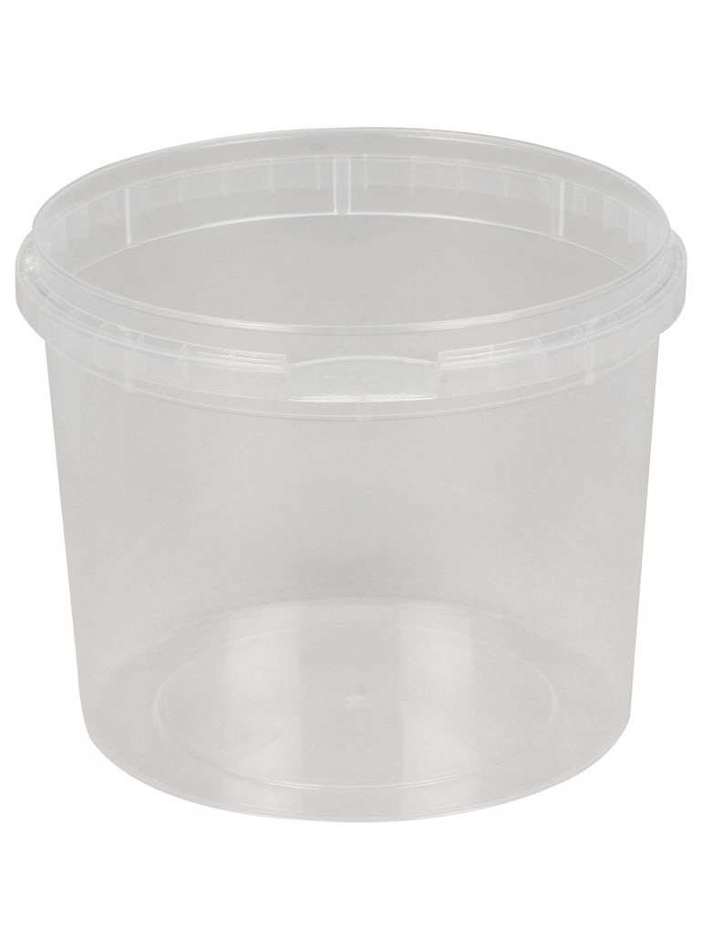 The container is solid and round. H 9.7cm. x D12.2cm. 0.8 l. Polypropylene, transparent.